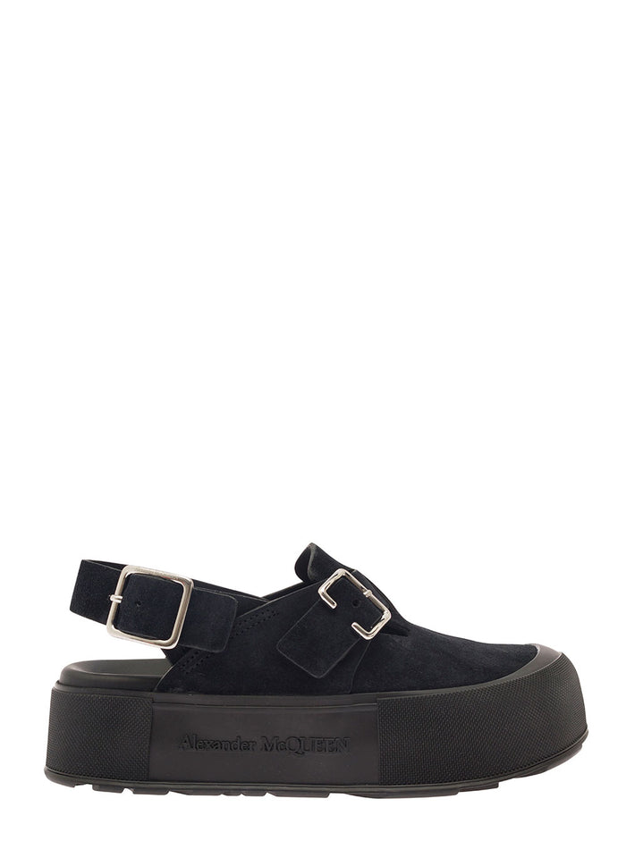 Mount Slick Black Close-Toe Sandals With Platform And Logo Engraved Leather Man Calf Flat Shoes