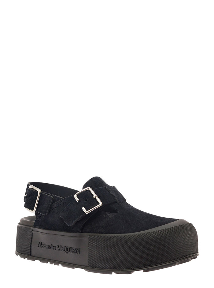 Mount Slick Black Close-Toe Sandals With Platform And Logo Engraved Leather Man Calf Flat Shoes