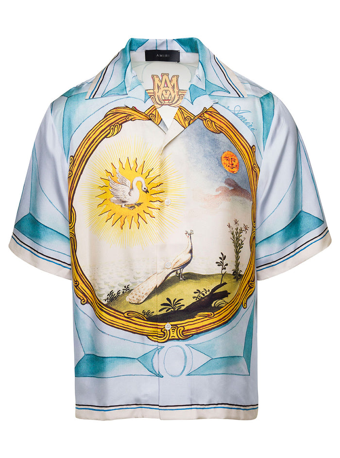 Multicolor Graphic Landscape Print Bowling Shirt Silk Man And Blouses