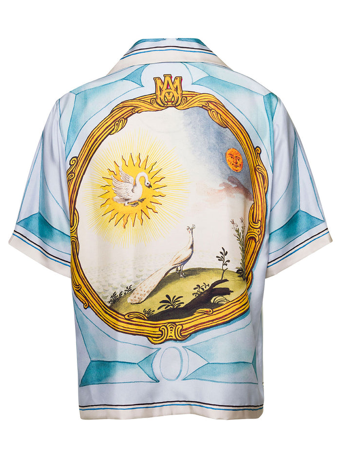 Multicolor Graphic Landscape Print Bowling Shirt Silk Man And Blouses
