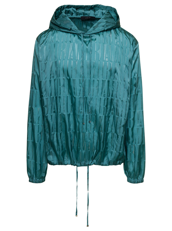 Teal Blue Drawstring Hoodie With Jacquard Logo Motif Nylon Man Green Sweatshirts