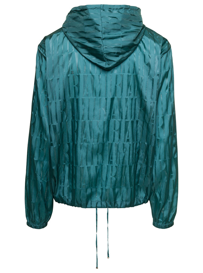 Teal Blue Drawstring Hoodie With Jacquard Logo Motif Nylon Man Green Sweatshirts