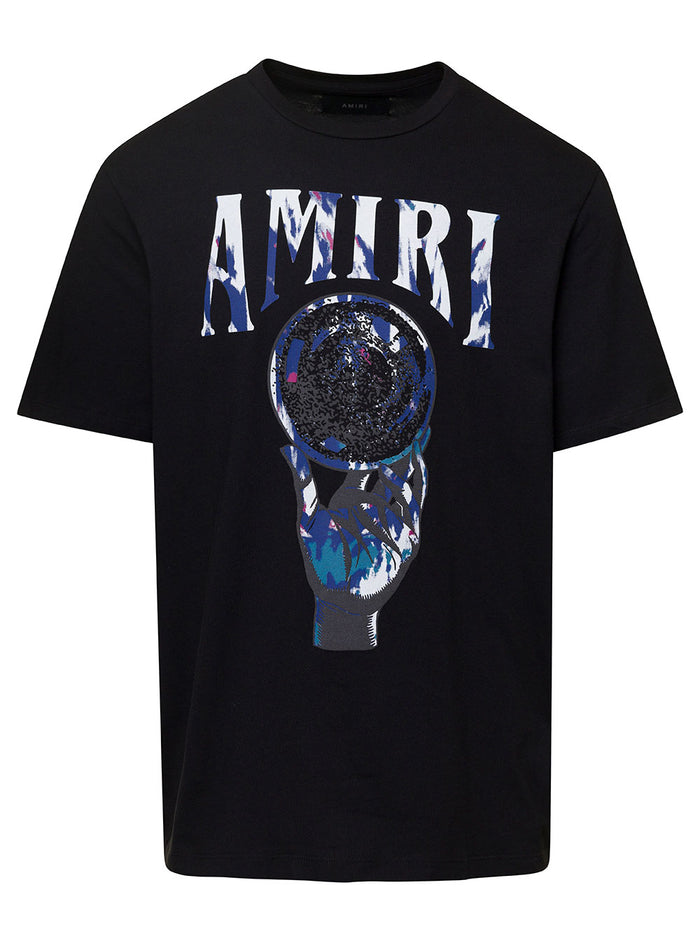 Black T-Shirt With Logo And Crystal Ball Print Cotton Man Tshirts Polo Shirts