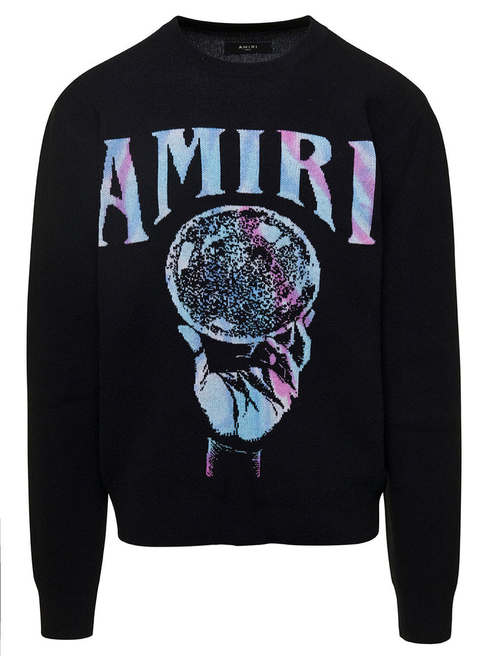 Black Crewneck Sweatshirt With Logo And Crystal Ball Print On The Front Recycled Cashmere Man Jersey