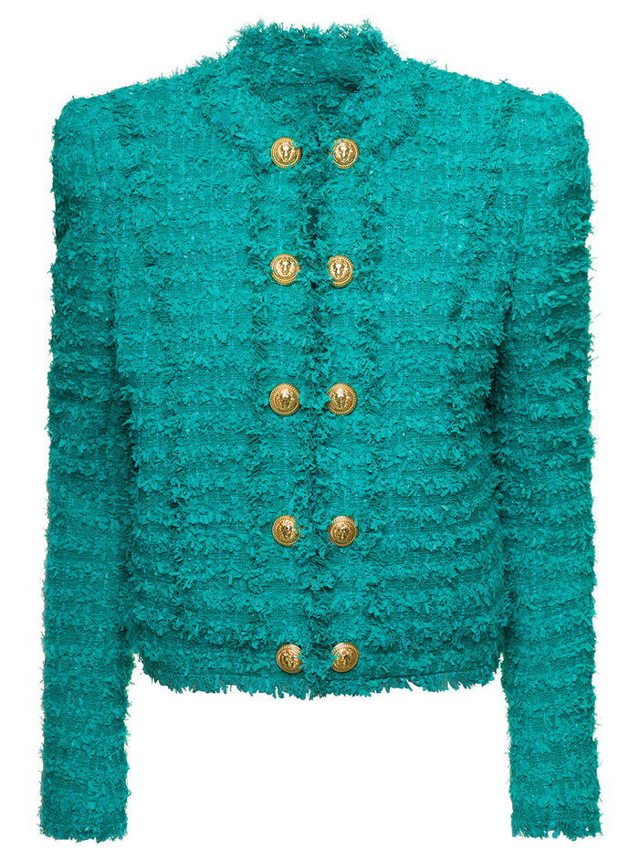 Teal Blue Tweed Jacket With Fringes Trims And Golden Buttons Cotton Blend Woman Green Blazers