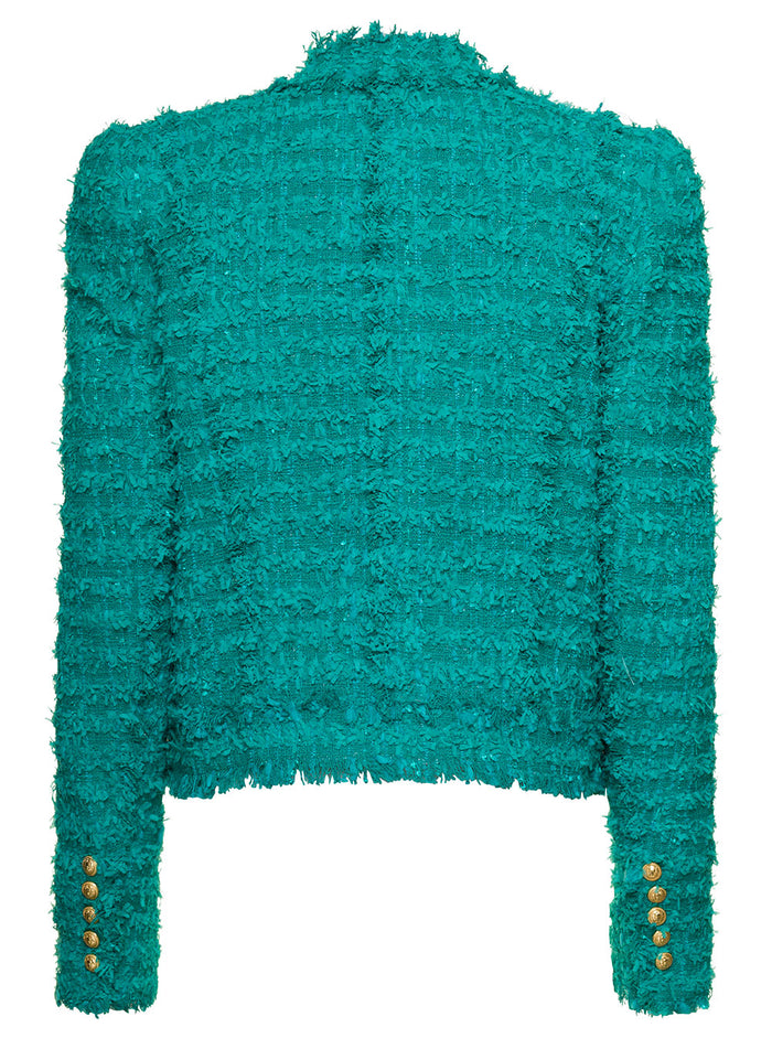 Teal Blue Tweed Jacket With Fringes Trims And Golden Buttons Cotton Blend Woman Green Blazers