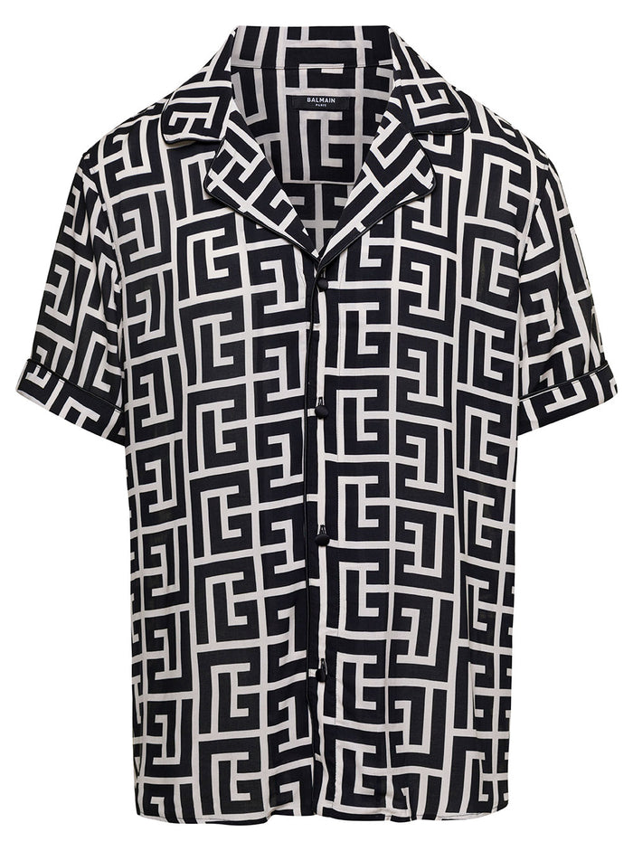 Black And White Shirt With Monogram Logo Print All-Over Viscose Man Blouses