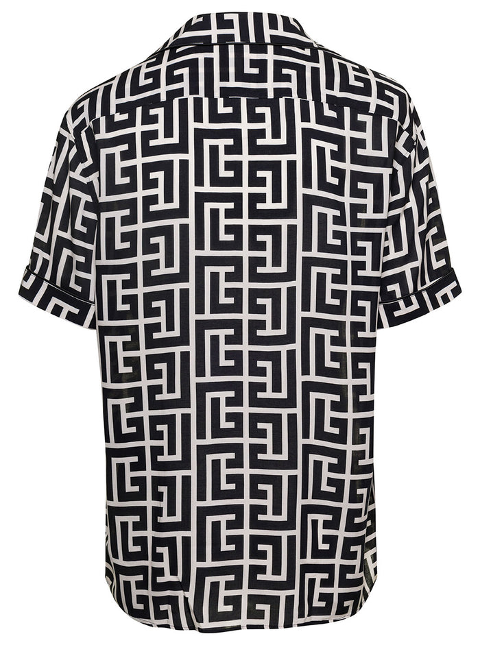 Black And White Shirt With Monogram Logo Print All-Over Viscose Man Blouses