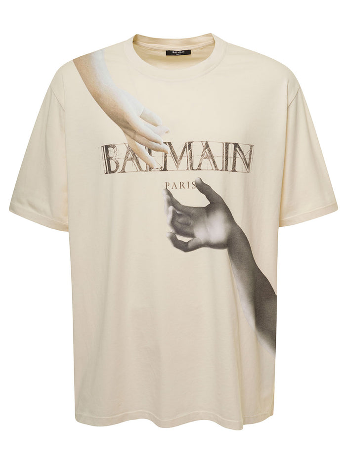 Beige Crewneck T-Shirt With Printed Logo And Statue On The Chest Cotton Man Tshirts Polo Shirts