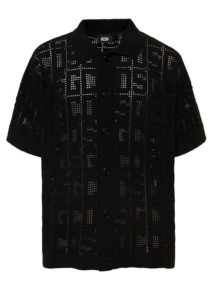 Black Monogram Macramè Shirt With Logo Motif All-Over Cotton Man And Blouses