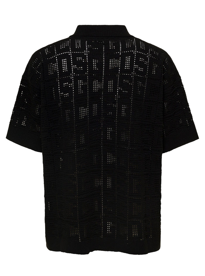 Black Monogram Macramè Shirt With Logo Motif All-Over Cotton Man And Blouses