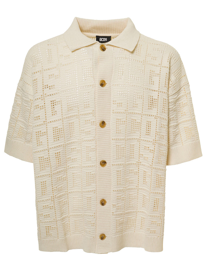 White Macramè Shirt With Monogram Logo Motif All-Over Cotton Man Beige And Blouses