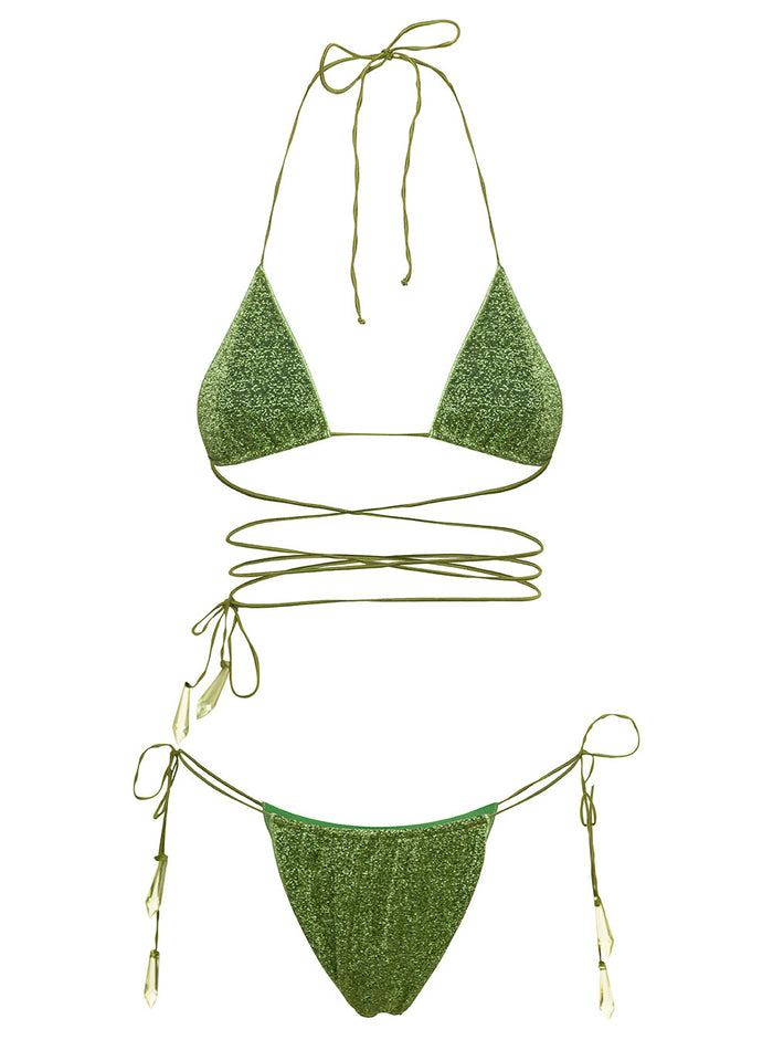 Green Bikini Set With Crystal Glitter Embellishment All-Over Polyamide Woman Metallic Beachwear