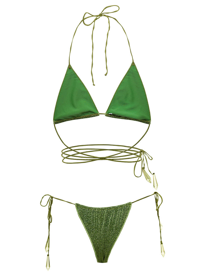 Green Bikini Set With Crystal Glitter Embellishment All-Over Polyamide Woman Metallic Beachwear