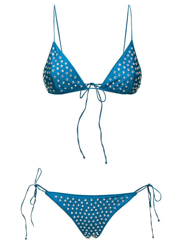 Turquoise Triangle Bikini With Crystal Embellishment Polyammide Woman Blu Polyamide Elastane Beachwear