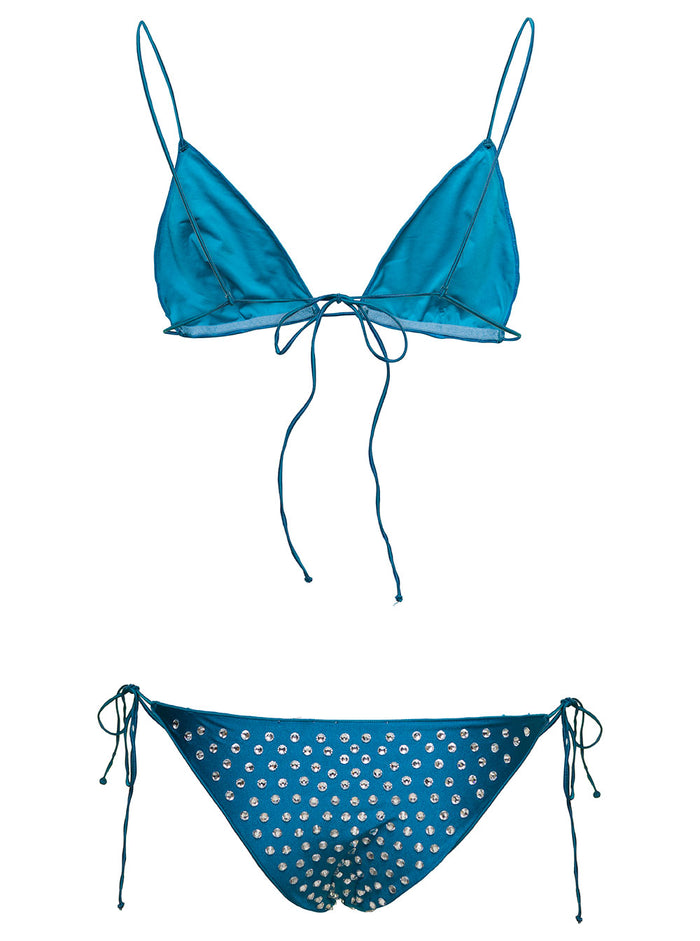 Turquoise Triangle Bikini With Crystal Embellishment Polyammide Woman Blu Polyamide Elastane Beachwear