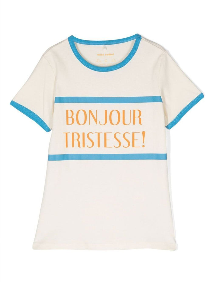 White T-Shirt With Bonjour Tristesse Print And Contrasting Trim Cotton Boy Organic Tshirts Polo Shirts