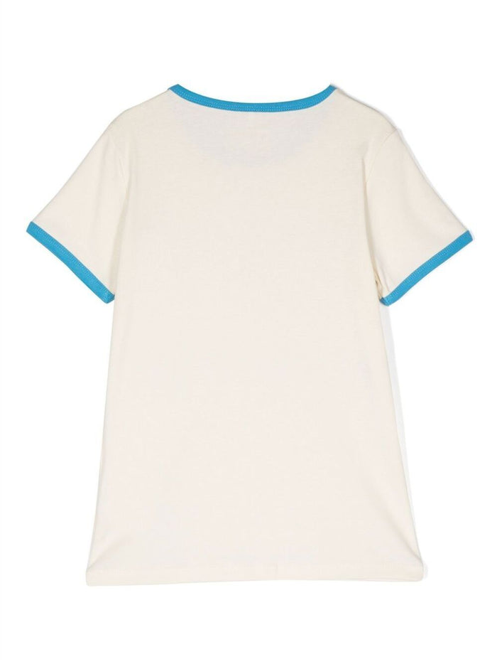 White T-Shirt With Bonjour Tristesse Print And Contrasting Trim Cotton Boy Organic Tshirts Polo Shirts