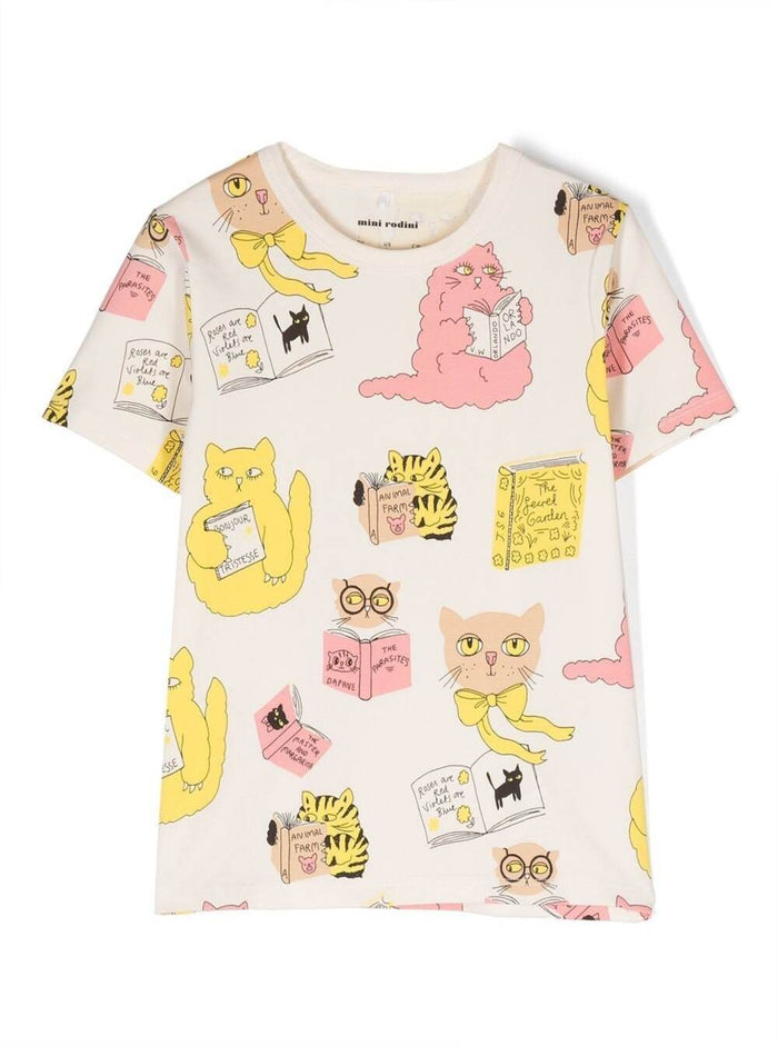 White Crewneck T-Shirt With All-Over Cats Print Stretch Cotton Girl Organic Elastane Tshirts And Polo Shirts