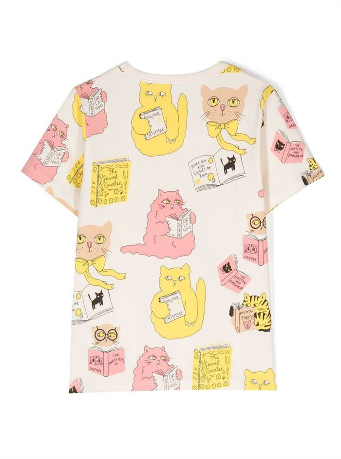 White Crewneck T-Shirt With All-Over Cats Print Stretch Cotton Girl Organic Elastane Tshirts And Polo Shirts