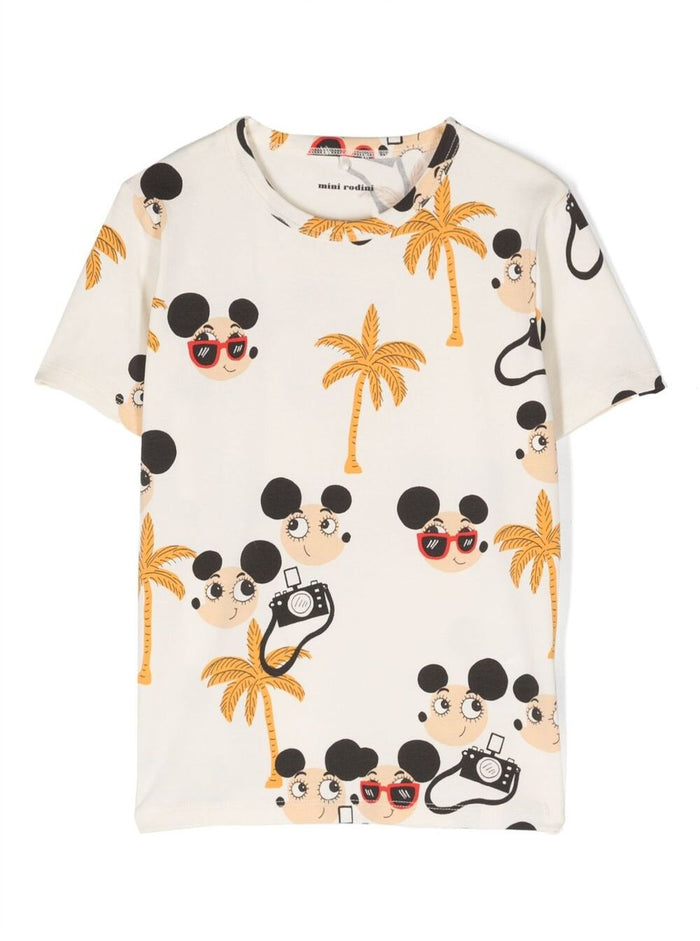 White Crewneck T-Shirt With All-Over Graphic Print Stretch Cotton Girl Organic Tshirts And Polo Shirts