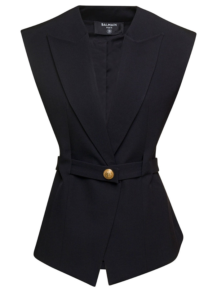 Black Belted Vest With Jewel Button Wool Woman Blazers