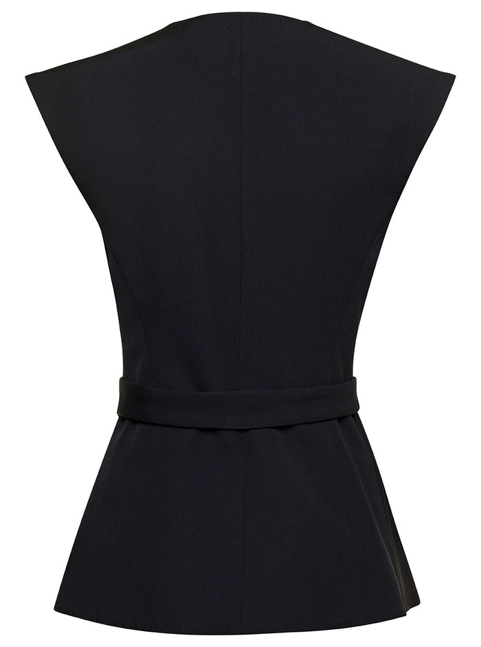 Black Belted Vest With Jewel Button Wool Woman Blazers