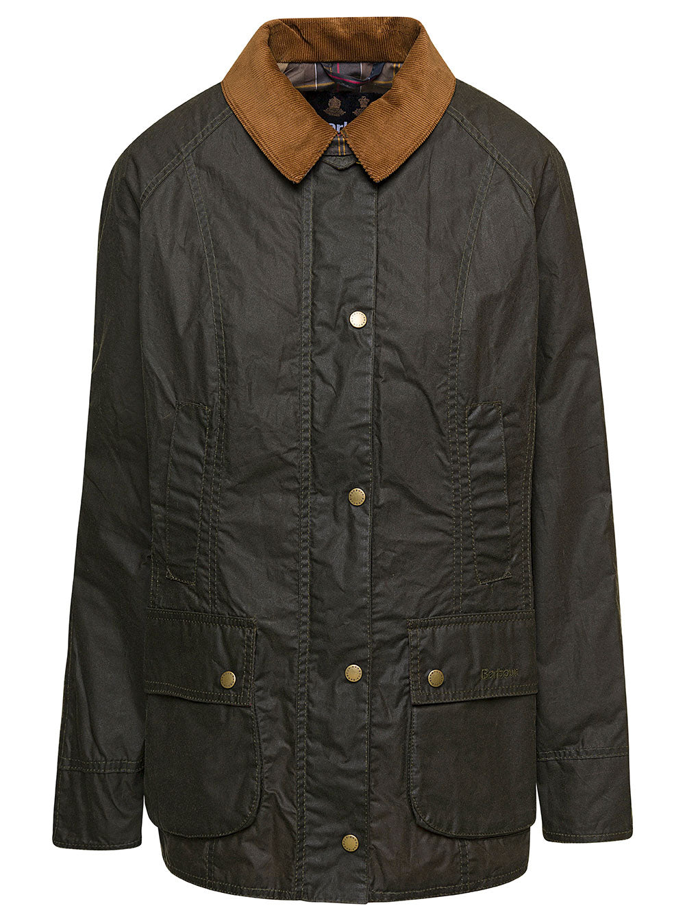 Dark Green Jacket With Ribbed Collar Waxed Cotton Woman