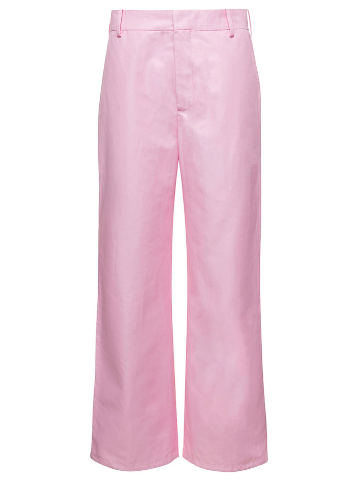 Pink Wide-Leg Pants With Concealed Fastening Linen And Cotton Blend Woman Trousers