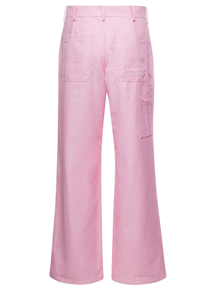 Pink Wide-Leg Pants With Concealed Fastening Linen And Cotton Blend Woman Trousers