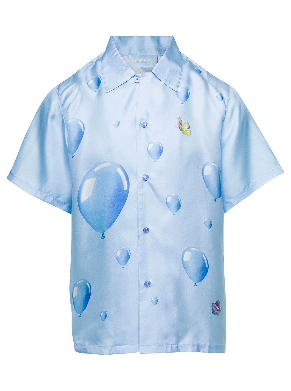 Light-Blue Bowling Shirt With Baloon Print All-Over Cotton Man Light Blue Silk And Blouses