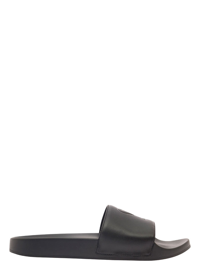 Black Slides With Embossed Logo Rubber Man Flat Shoes