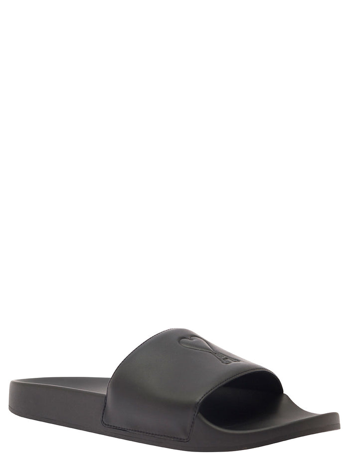 Black Slides With Embossed Logo Rubber Man Flat Shoes