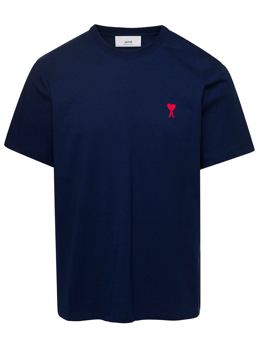 Blue Crew Neck T-Shirt With Ami De Coeur Embroidered Logo Cotton Man Blu Organic Elastane Tshirts And Polo Shirts