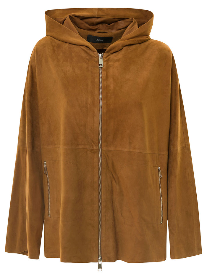 Brown Zip-Up Hoodie Suede Woman Goat Outerwear