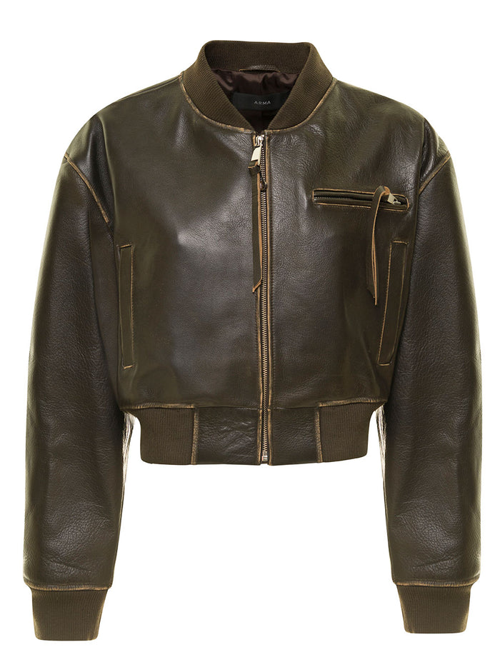 Brown Cropped Jacket With Bomber Collar Leather Woman Cow