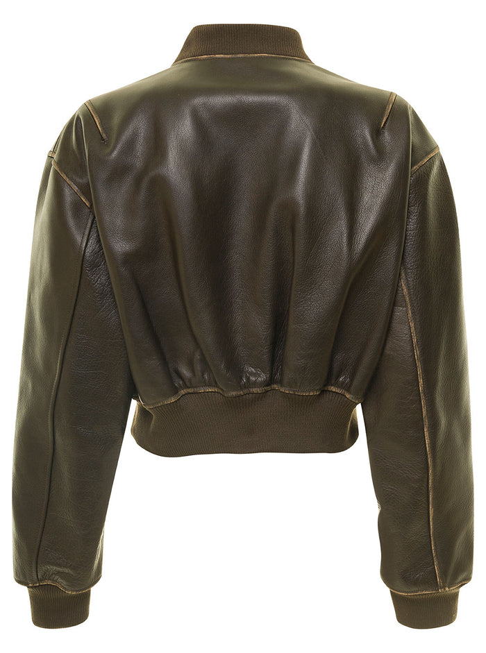 Brown Cropped Jacket With Bomber Collar Leather Woman Cow