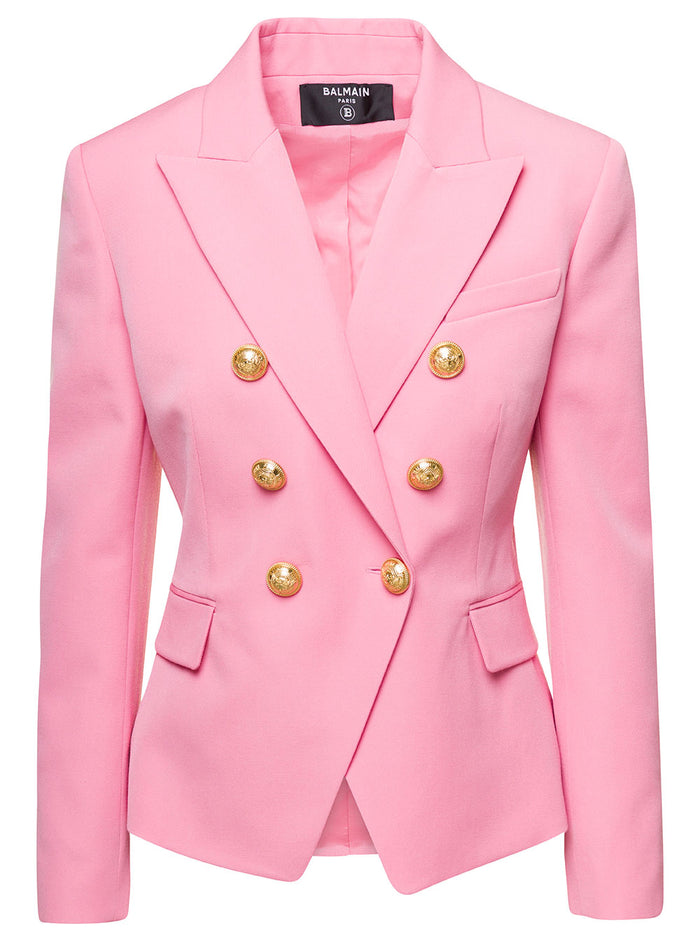 Pink Double-Breasted Fitted Blazer Wool Woman Blazers