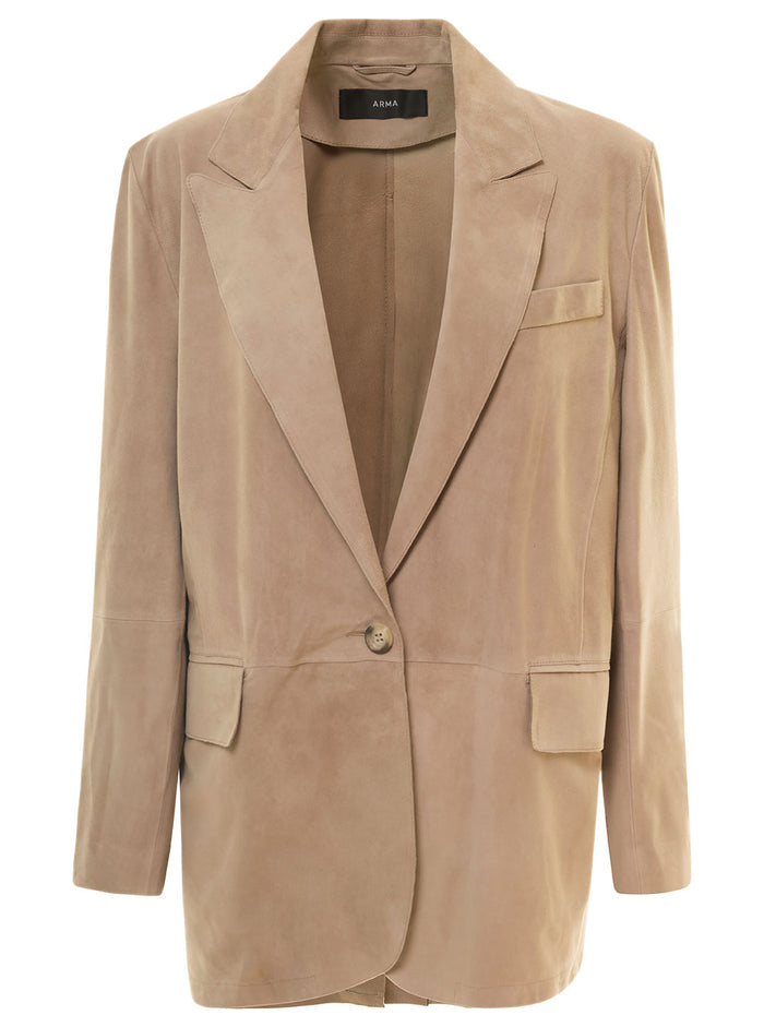 Grey One-Button Single-Breasted Jacket With Notched Revers Suede Woman Goat Blazers