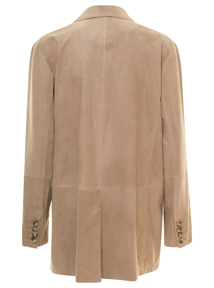Grey One-Button Single-Breasted Jacket With Notched Revers Suede Woman Goat Blazers