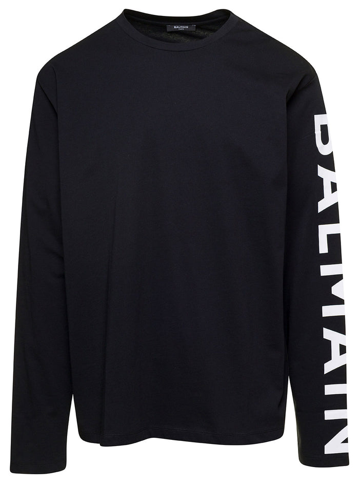 Black Crewneck Sweatshirt With Logo Print On The Sleeve Cotton Man Organic Tshirts And Polo Shirts