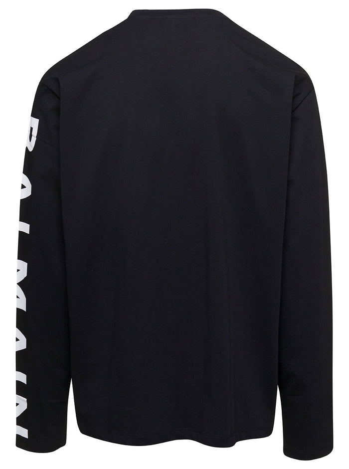 Black Crewneck Sweatshirt With Logo Print On The Sleeve Cotton Man Organic Tshirts And Polo Shirts