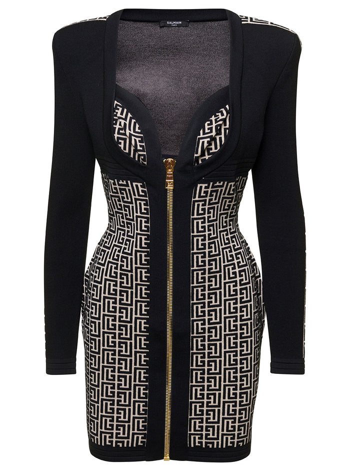 Black Monogram Minidress With Logo Print All-Over Wool Blend Woman Dress