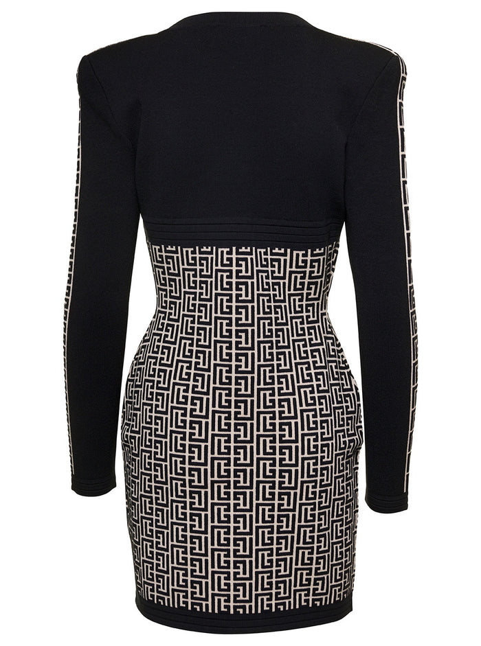 Black Monogram Minidress With Logo Print All-Over Wool Blend Woman Dress
