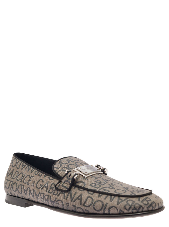 Ariosto Beige Loafers With Logo Plaque Coated Canvas Man Cotton Polyurethane Polyester