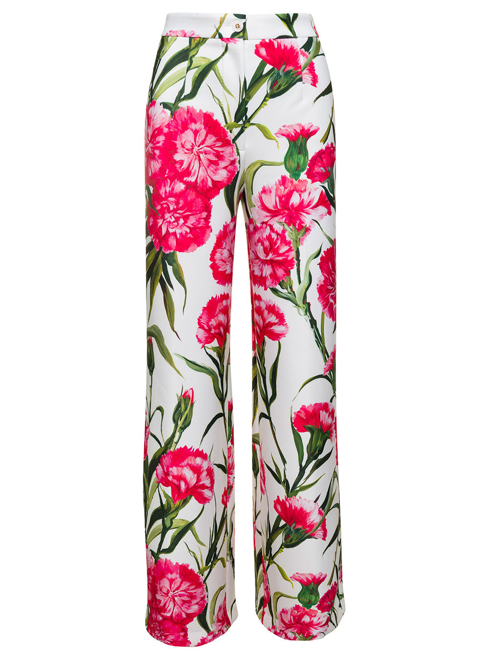 White Floral Print Flared Trousers Cotton Blend Woman Polyester Elastane