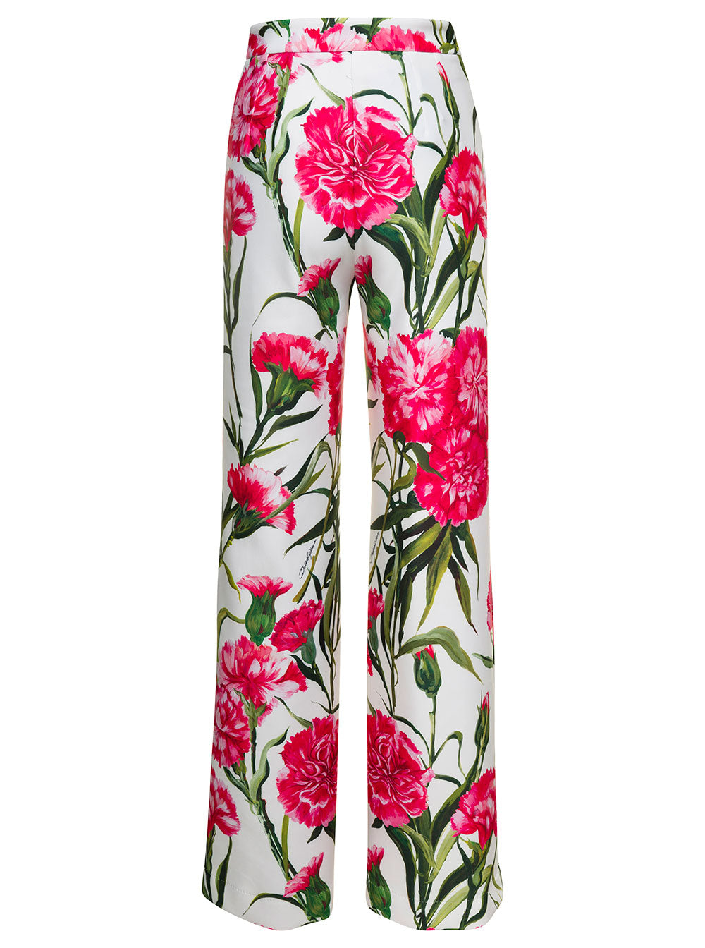 White Floral Print Flared Trousers Cotton Blend Woman Polyester Elastane