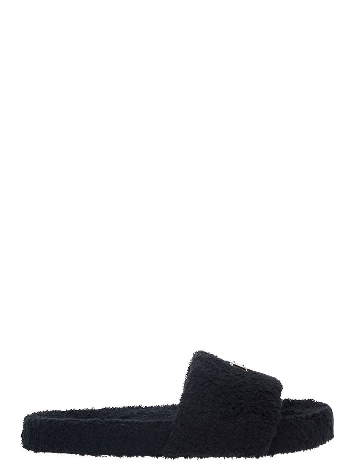 Black Slide Sandal With Logo Plaque Terrycloth Man Cotton Flat Shoes