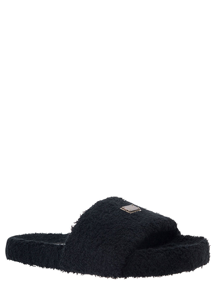 Black Slide Sandal With Logo Plaque Terrycloth Man Cotton Flat Shoes