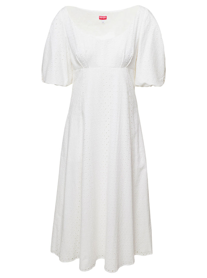 White Puff Sleeve Embroidered Midi Dress Cotton Woman